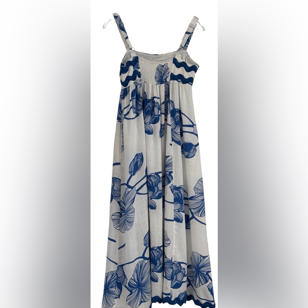 Blue White Floral Maxi Dress Linen Blend Boho Summer Sundress Pockets S - Picture 2 of 4